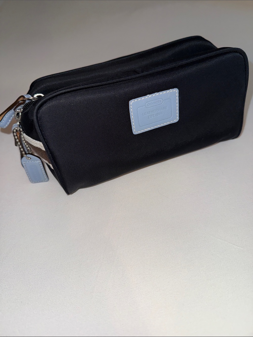 Coach Black Toiletry Bag with Light Blue Trim